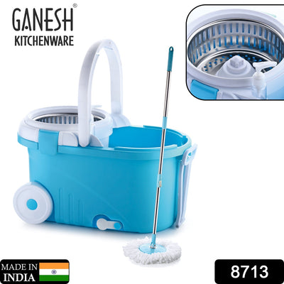 8713 GANESH Prime Plus Steel Spinner Bucket Mop 360 Degree Self Spin Wringing with 2 Absorbers for Home and Office Floor Cleaning Mops Set. DeoDap