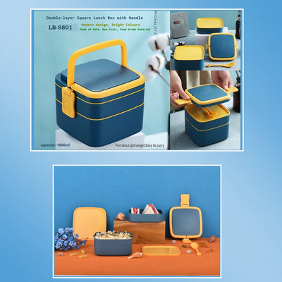 2838A BLUE DOUBLE-LAYER PORTABLE LUNCH BOX STACKABLE WITH CARRYING HANDLE AND SPOON LUNCH BOX , Bento Lunch Box DeoDap