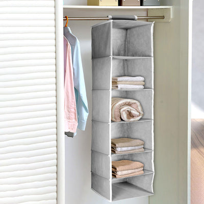 6741 Non-Woven Fabric Cloth 6 Selves Hanging Storage Wardrobe Organizer with PVC Zippered Closure 6 Layers Chain Cloth DeoDap