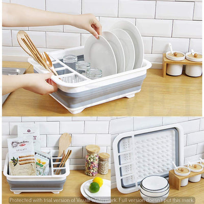 0804B Collapsible Folding Silicone Dish Drying Drainer Rack with Spoon Fork Knife Storage Holder (Brown Box) DeoDap